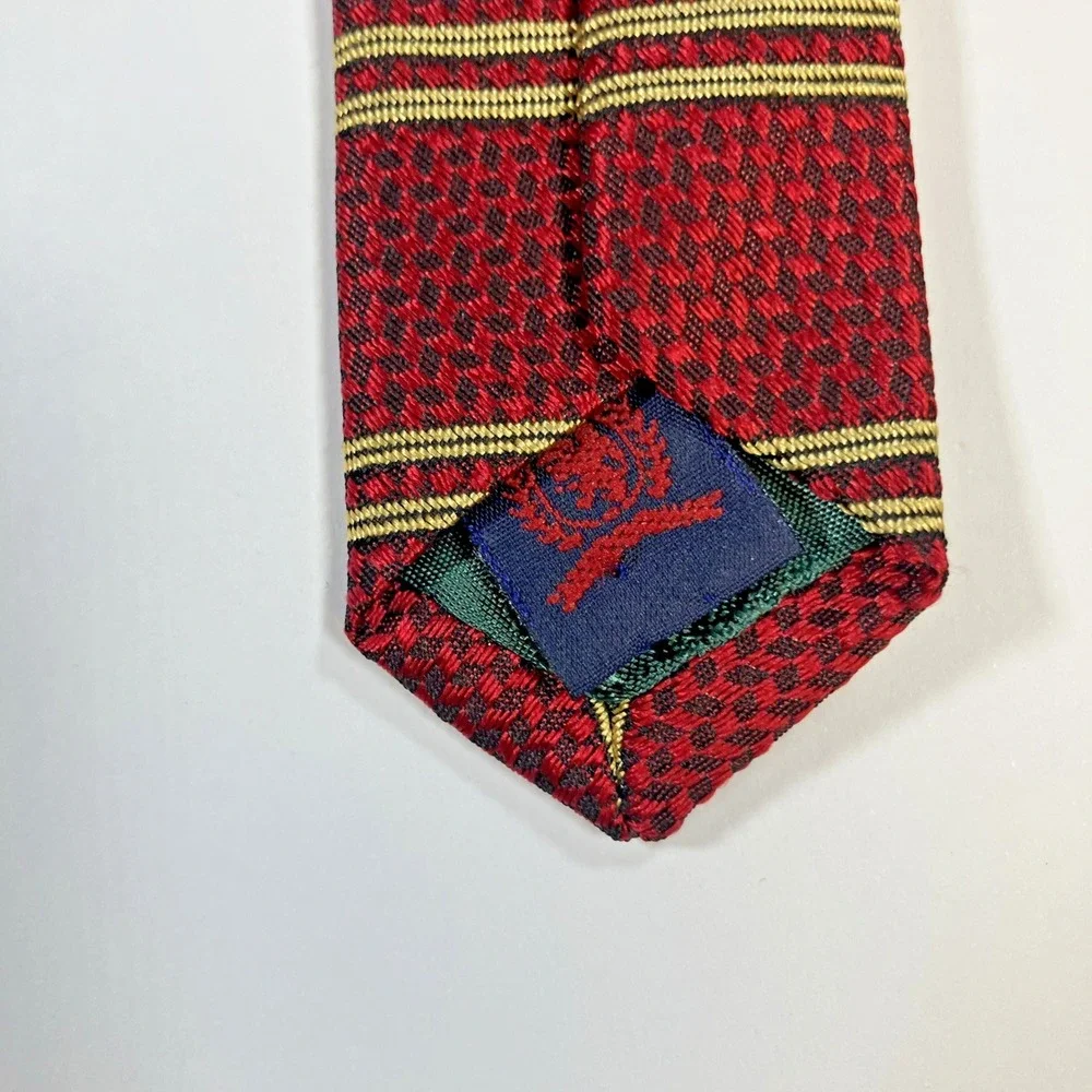 Tommy Hilfiger Men's Tie Italian Silk Striped‎ Red Made in USA Preppy Crest Logo